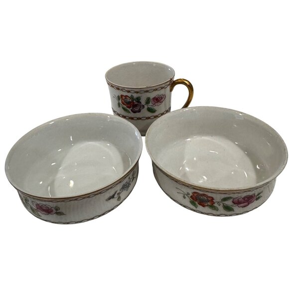 Nippon Hand Painted Porcelain Bowls & Demitasse Cup Floral w/ Gold Trim Antique - Picture 1 of 8
